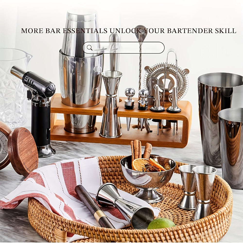 Cocktail Shaker Tool Set with Bamboo-Look Organizer, Jigger, Strainer, Muddler and Pouring Accessories