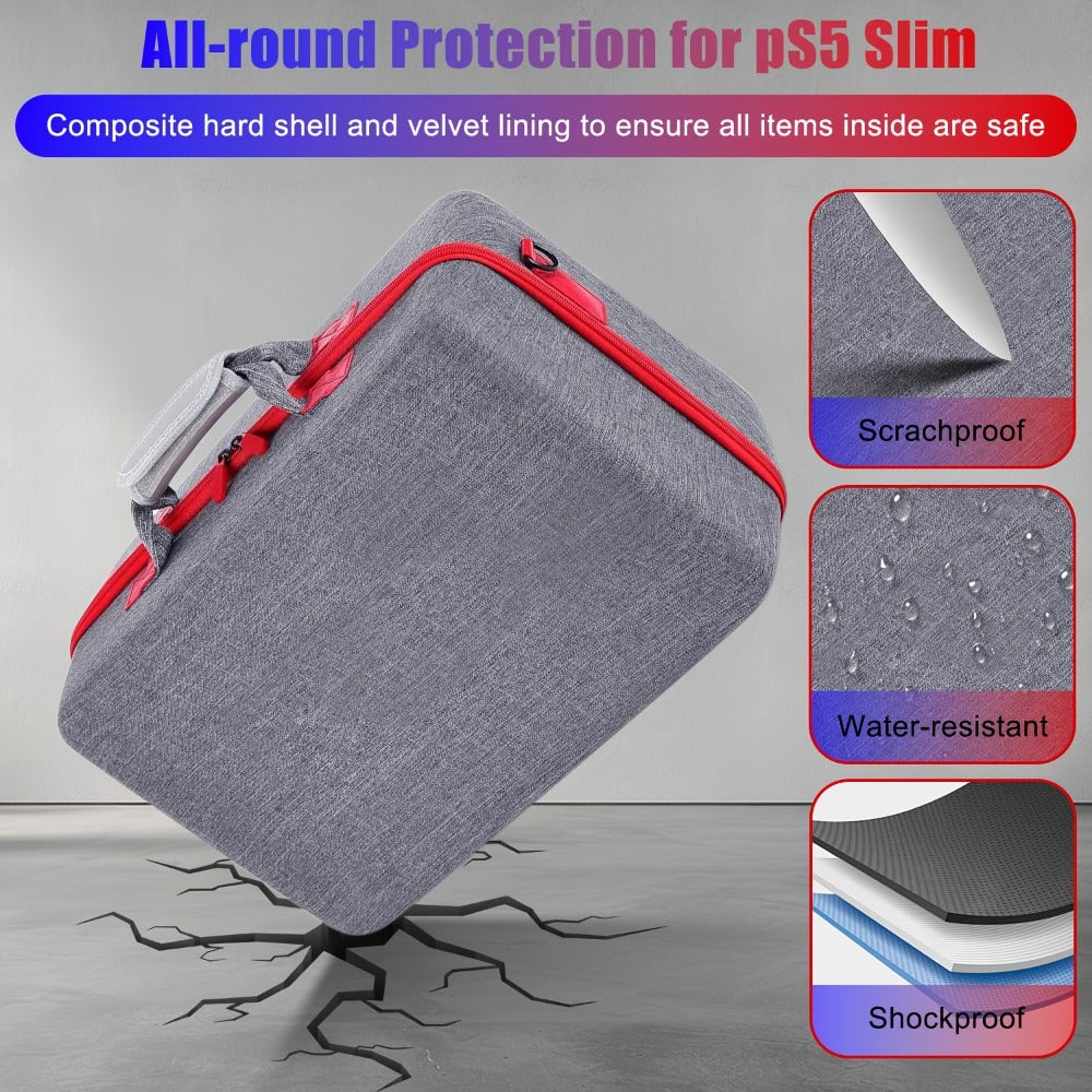 Structured Carrying Case Compatible with PS5 Slim Disc or Digital Consoles, Black or Gray with Shoulder Strap