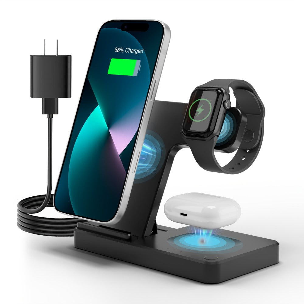3-in-1 MagSafe Wireless Charger Foldable Travel Charging Station 15W Fast Charge – LED Indicator, Anti-Slip Stand for iPhone 17/16/15/14/13/12, Apple Watch Ultra/Series 10/9/SE & AirPods Pro | Jet Black & White