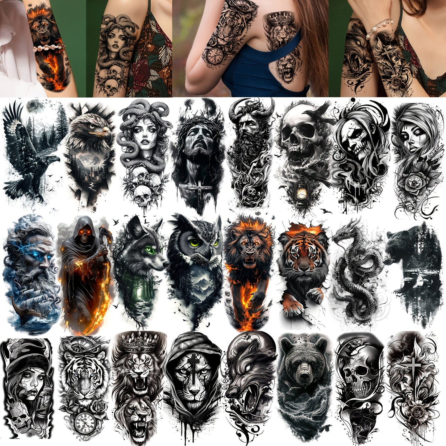 Temporary Tattoos, 24-Sheet Black Gothic Set with Lion, Eagle, Skull and Greek God Motifs for Forearm Placement