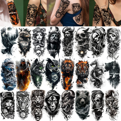 Temporary Tattoos, 24-Sheet Black Gothic Set with Lion, Eagle, Skull and Greek God Motifs for Forearm Placement