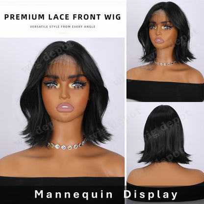 U Part Lace Front Bob Wig 4x1 Glueless Rose Net Cap Middle Part Natural Hairline Synthetic Wig for Women 14 Inch Brown Highlights Milky White Black Pink