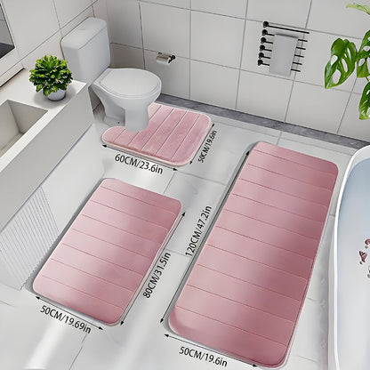 Channel-Stitched Three-Piece Padded Bath Mat Set with Long Runner and Two Matching Rugs in Nine Solid Colors