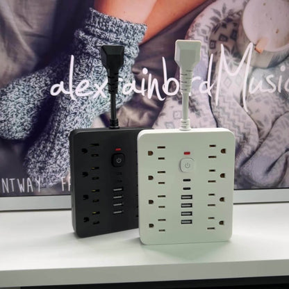 Power Strip 14-in-1 Flat-Plug Surge Protector with 8 AC Outlets, 4 USB-A, 2 USB-C and Black or White Finish