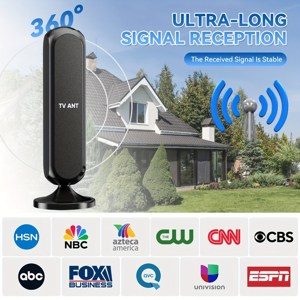 Indoor TV Antenna 360° Omnidirectional 200KM Long Range – 4K HD 1080P Amplified Signal, 16FT Coaxial Cable, Free Local Channels, No Monthly Fee, Works with All Smart TVs, Black