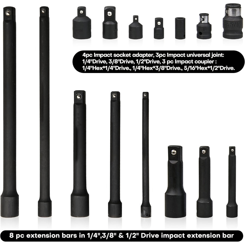 Socket Drive Accessory Kit 18-Piece – Socket Adapters, Extension Bars, Universal Joints & Impact Couplers Chrome-Moly Steel Professional Tool Set