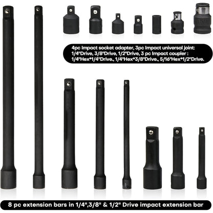 Socket Drive Accessory Kit 18-Piece – Socket Adapters, Extension Bars, Universal Joints & Impact Couplers Chrome-Moly Steel Professional Tool Set