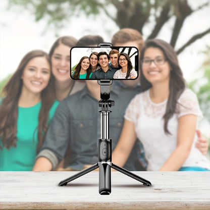 Black Selfie Stick Tripod with Telescoping Pole, Rotating Phone Clamp, Fold-Out Base and Remote