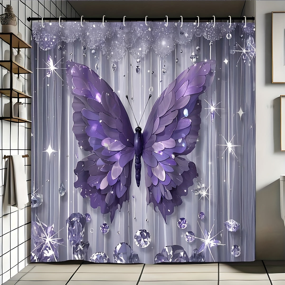 Shower Curtain Set Diamond Butterfly Print 70.8x70.8 Inch - 4 Piece Bathroom Set with U-Shape Toilet Seat Cover Non-Slip Rug 12 Hooks Machine Washable | Cyan Purple Pink | All Season Bathroom Decor