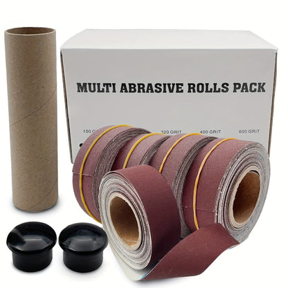 Pull-Through Sandpaper Roll Dispenser Set with Four, Five or Six Abrasive Grit Rolls Pictured