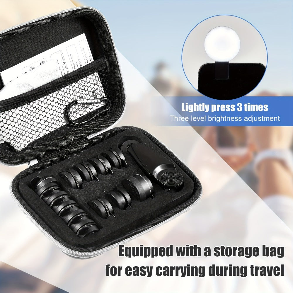 Sixteen-Piece Clip-On Phone Camera Lens Kit with Fisheye, Macro, Wide-Angle, CPL and Color Filters