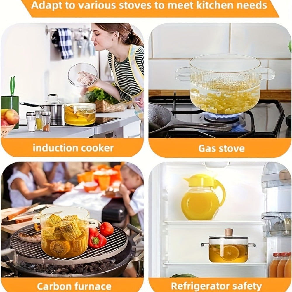 Ribbed Transparent Glass Cooking Pot with Lid in 60.87oz or 77.77oz Sizes, Clear Side Handles and Pouring Spout