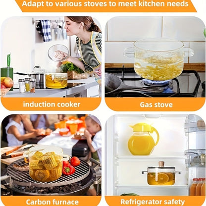Ribbed Transparent Glass Cooking Pot with Lid in 60.87oz or 77.77oz Sizes, Clear Side Handles and Pouring Spout