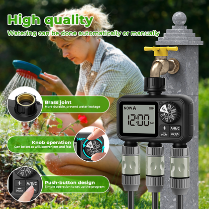 3-Zone Sprinkler Timer with Auto/Manual/Rain Delay Modes – Programmable Garden Hose Irrigation Controller, LCD Display, IPX5 Waterproof