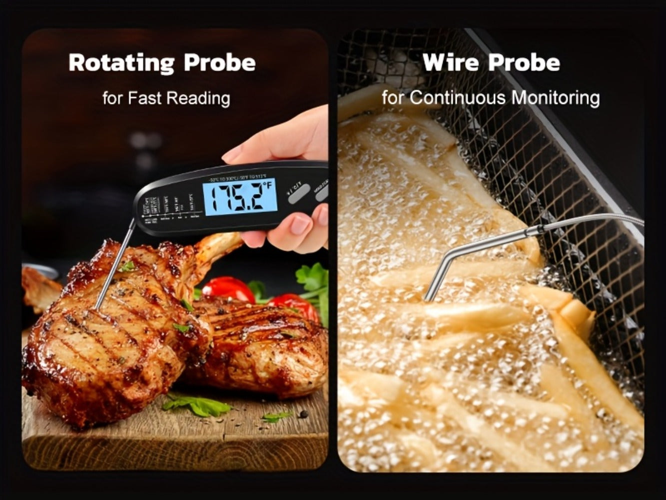 Instant Read Meat Thermometer with Dual Probes Backlit LCD Digital Cooking Thermometer Fast 3-Second Read Calibration Alarm BBQ Grill Oven Smoker Oil Candy Kitchen Food Thermometer Gift