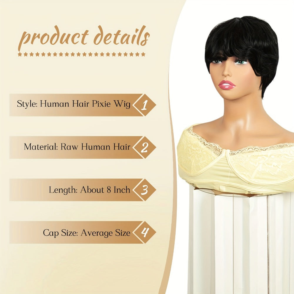 Pixie Bob Human Hair Wig with Bangs, Natural Black Full-Cap Hair Style and Short 8-Inch Length