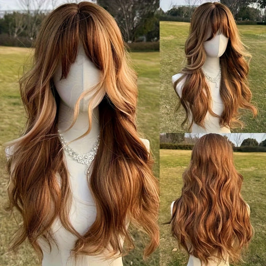 Synthetic Wig 24-Inch Light Brown Body Waves with Golden Highlights, Bangs and Rose Net Cap