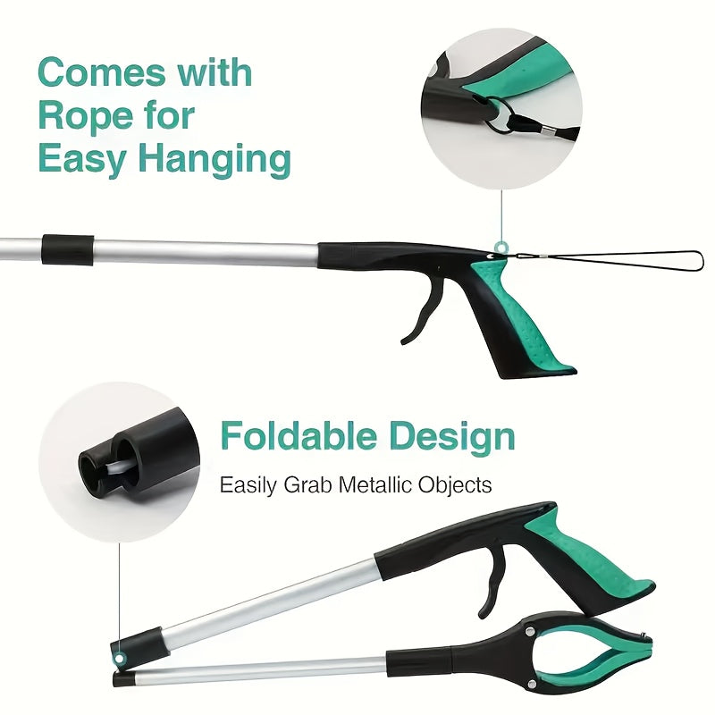 Folding Grabber Reacher with Rotating Silicone Jaws, Magnetic Pickup Tip, Wrist Cord and Green Handle