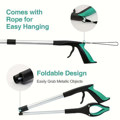 Folding Grabber Reacher with Rotating Silicone Jaws, Magnetic Pickup Tip, Wrist Cord and Green Handle