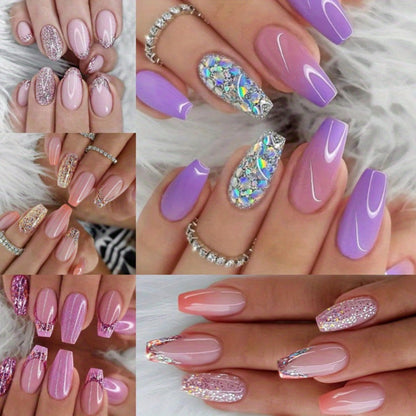 Glitter Sequin Press On Nails 120pcs Coffin Medium Length 5 Packs – Sparkling Pinkish Purple Glossy Full Cover False Nails | Glamorous Nail Art Kit for Women | Party Wedding Bridal Manicure Set
