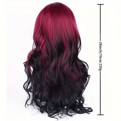 28-Inch Synthetic Curly Wig in Black with Red Highlights and Pictured Rose-Net Cap for Costume or Daily Styling