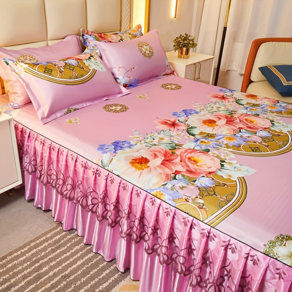 Ruffled Floral Bedspread Mat Set with Two Pillowcases, Twin to King Sizes and Four Pattern Choices