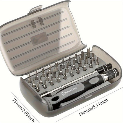 Compact 32-in-1 Precision Screwdriver Bit Set with Adjustable Extension Handle and Gray Storage Case