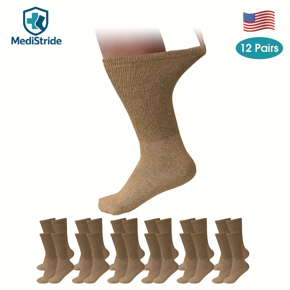 12-Pair Crew-Length Diabetic Sock Set in Six Colors with 9-11, 10-13 and 13-15 Size Options
