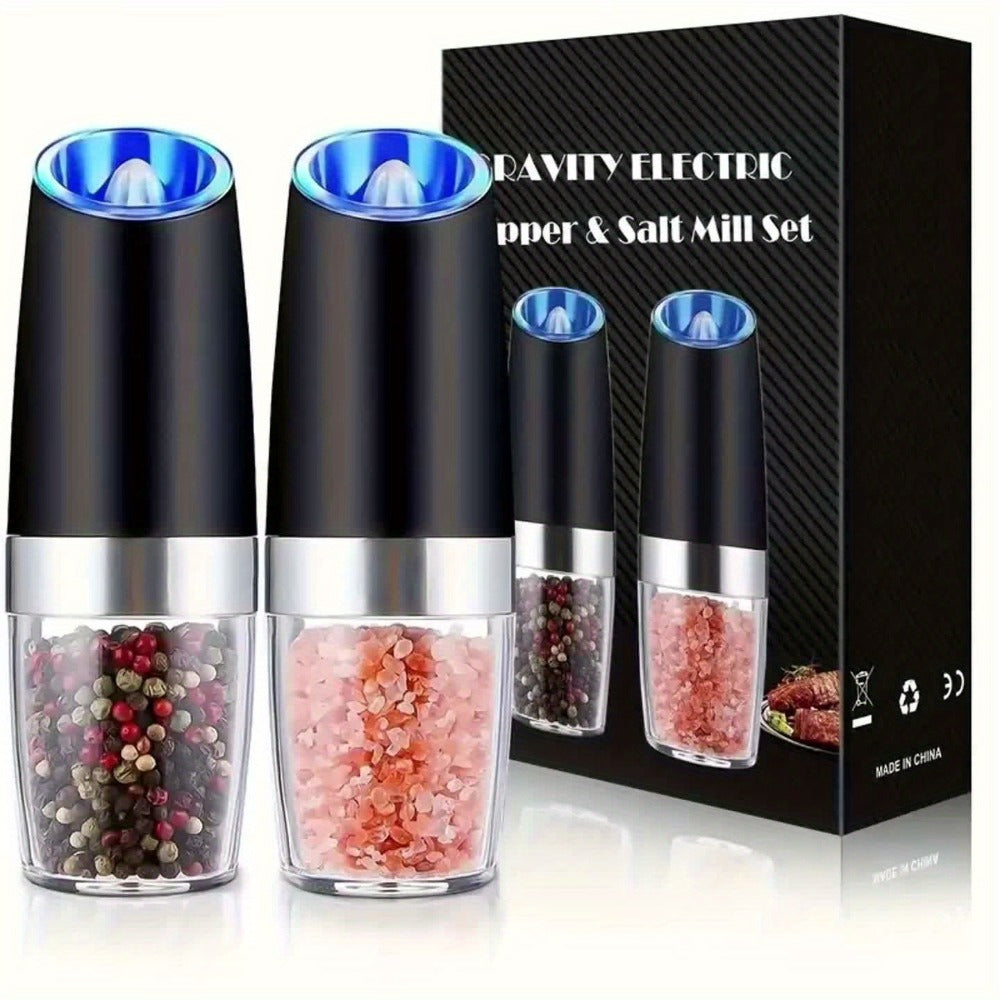 Electric Salt and Pepper Grinder Set 2PCS, Battery-Powered, LED Light, One-Handed Operation, Adjustable Coarseness