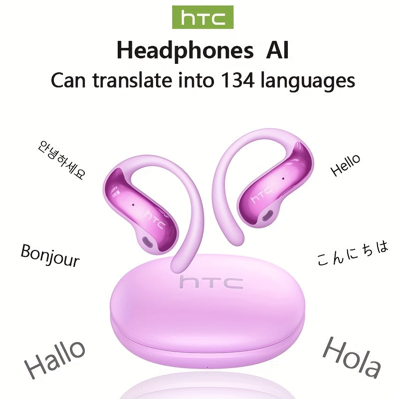 HTC NE19 Open-Ear AI Translation Earbuds with Oval Charging Case in Black, Gunmetal, Beige or Purple