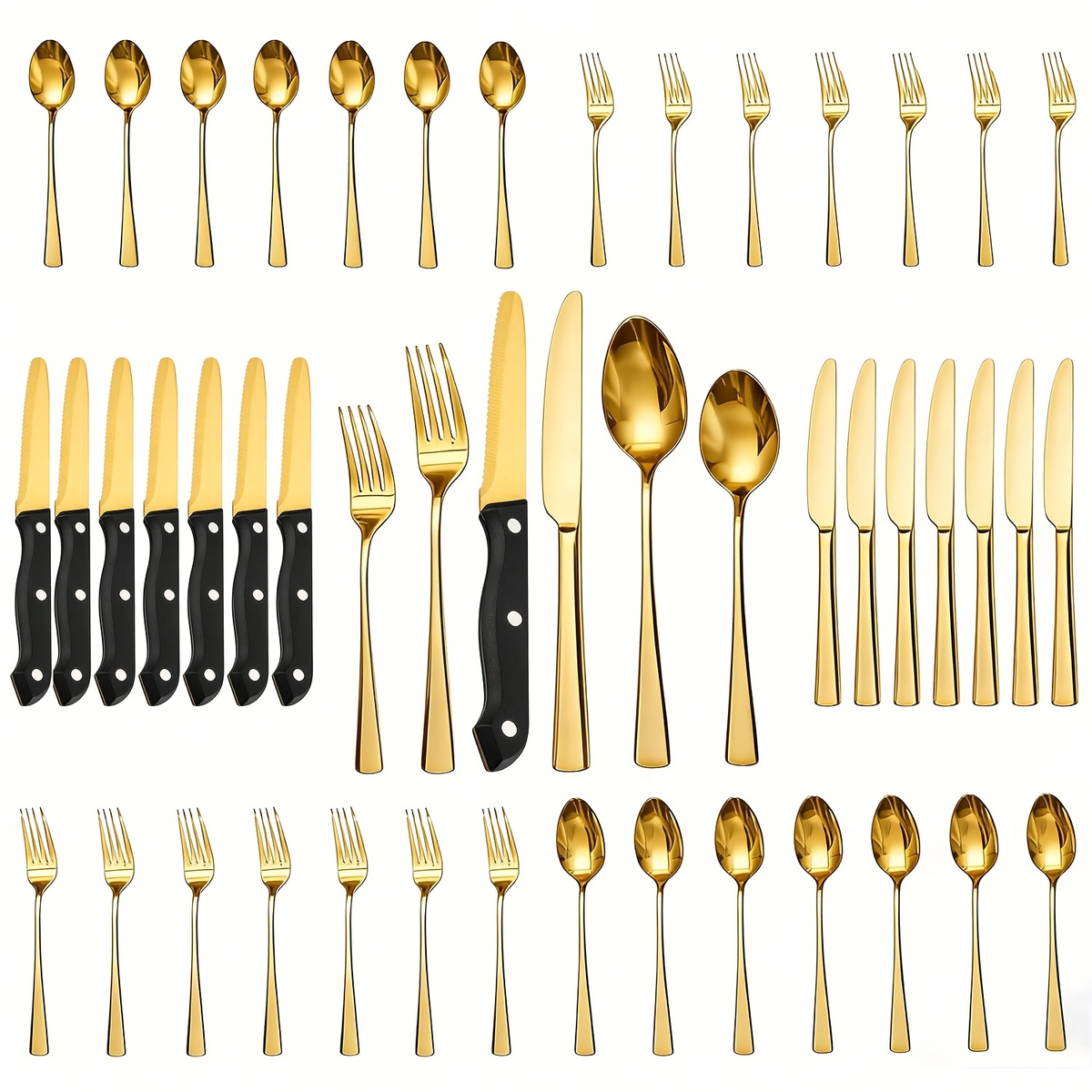 24- or 48-Piece Flatware Set with Silver, Gold or Black Finish Options and Black-Handle Steak Knives