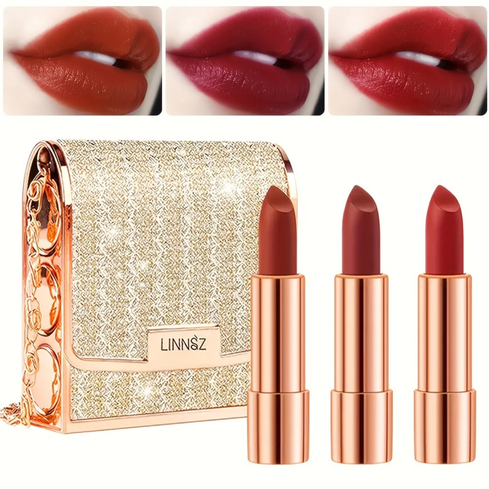 Matte Lipstick Gift Set 3pcs in Silvery Chain Bag Box — Velvet Finish Waterproof Long-Lasting Red Lip Color, Conditioning Formula 3.5g Each, Perfect for Valentine's Day Mother's Day Birthday Holiday