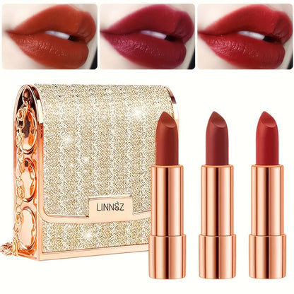 Matte Lipstick Gift Set 3pcs in Silvery Chain Bag Box — Velvet Finish Waterproof Long-Lasting Red Lip Color, Conditioning Formula 3.5g Each, Perfect for Valentine's Day Mother's Day Birthday Holiday