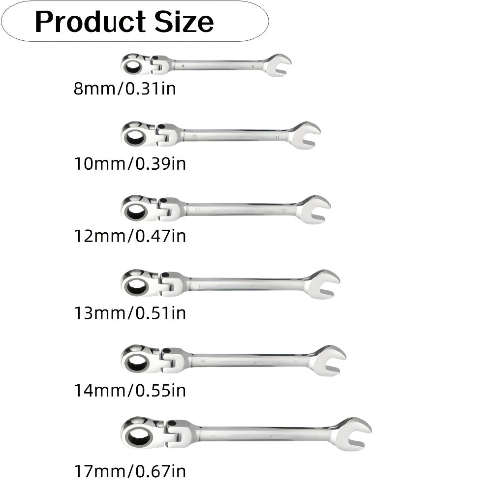 Six-Piece Double-Ended Ratchet Wrench Set with 8–17 mm Metric Sizes, 72-Tooth Heads and Storage Bag