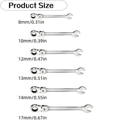 Six-Piece Double-Ended Ratchet Wrench Set with 8–17 mm Metric Sizes, 72-Tooth Heads and Storage Bag