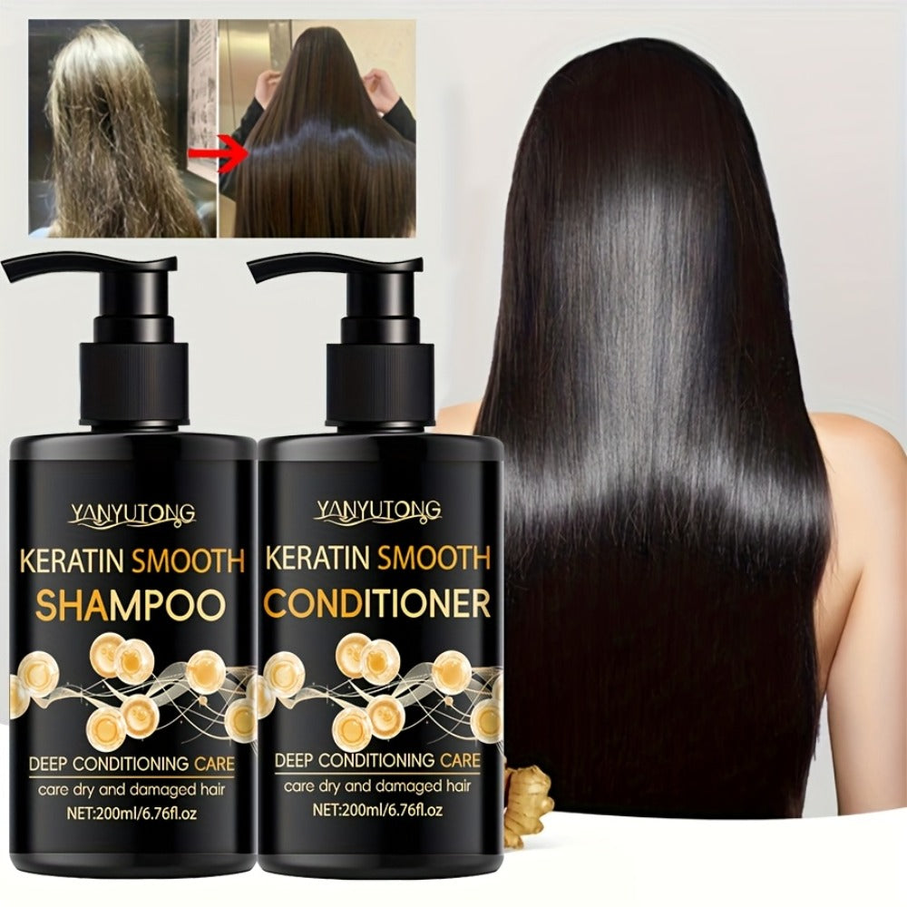 Keratin Shampoo and Conditioner Set Repairs Breakage Split Ends Moisturizes Scalp for Color-Treated Heat Damaged Dry Frizzy Hair All Hair Types Women Men 200ml Each