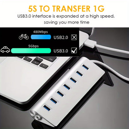 7-Port USB 3.0 Hub 5Gbps Data Splitter for Office, PC, Laptop, MacBook – High-Speed USB Expander with Individual Port Extension, Plug and Play, No Driver Needed