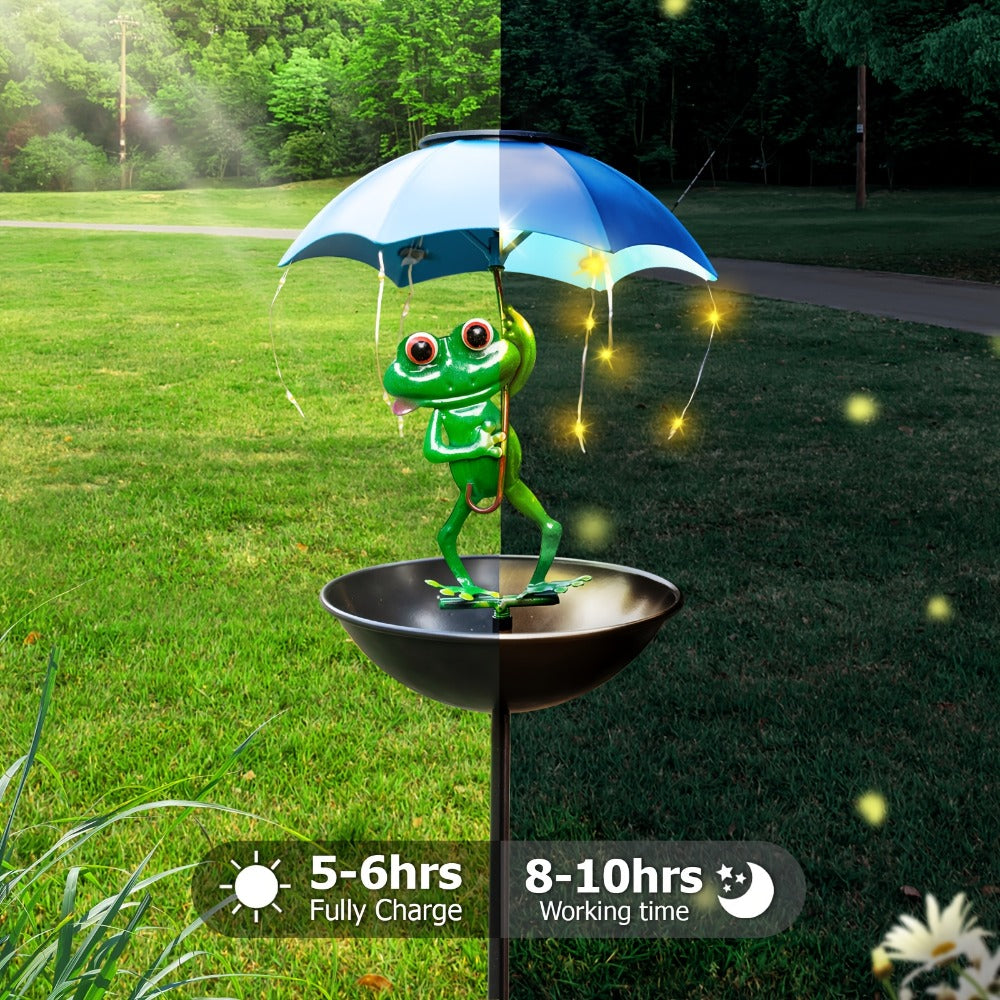 Solar Garden Decor Frog with Umbrella LED Light, Iron Frog Outdoor Statue with Solar Powered LED