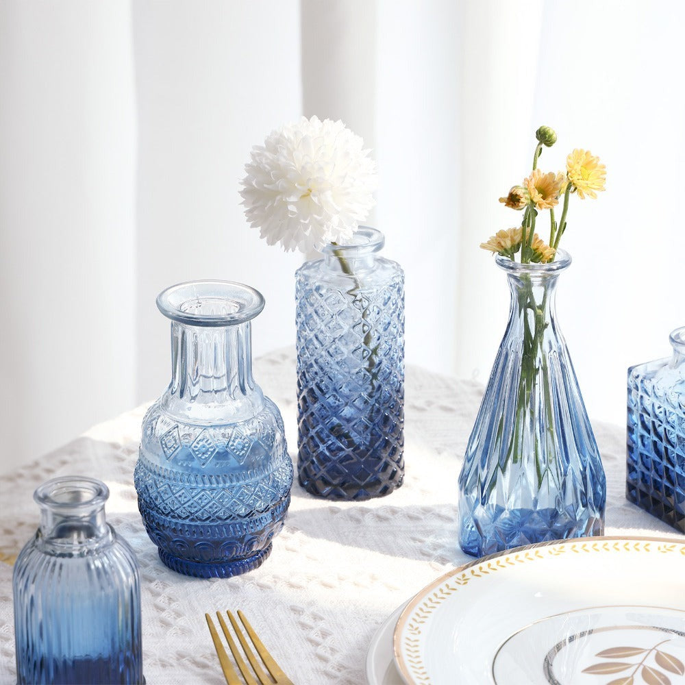 Eighteen-Piece Blue Vintage-Style Glass Bud Vase Set with Assorted 3- to 6-Inch Shapes for Table Displays