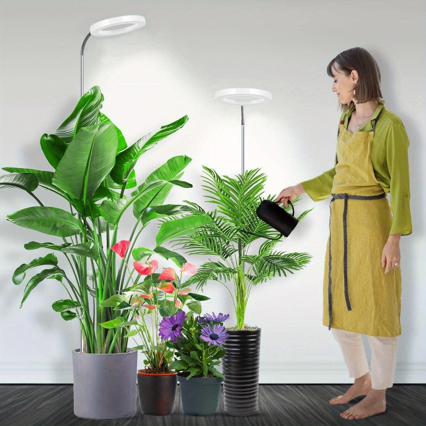 Telescopic Ring LED Plant Lamp with Flexible Gooseneck, 10-65in Pole and Black or White Options