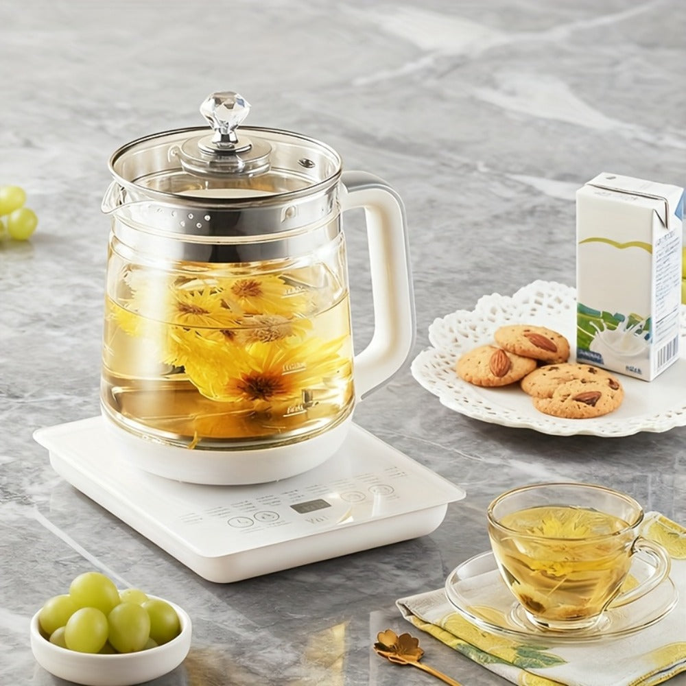 Electric Health Pot Smart Kettle 1.8L Thickened Glass 18 Smart Functions Removable Filter Multi-Functional for Tea Herbal Brewing Camping Home US Plug White