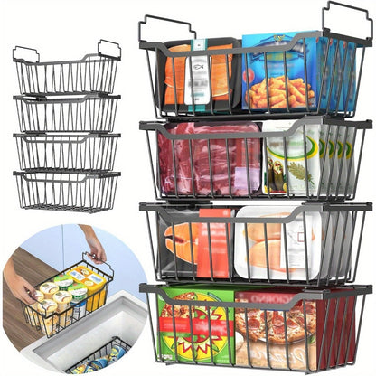 Freezer Organizer Bins Stackable with Foldable Handle - Chest Freezer Storage Baskets Rack, Space Saving Refrigerator Organizer Bins, 4 or 8 Pack