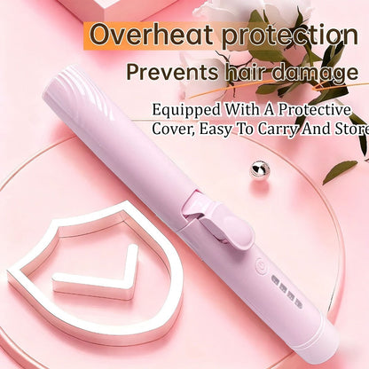 Mini Cordless Curling Iron Portable Ceramic Hair Curler USB Rechargeable 4-Temperature Settings Travel Hair Styling Tool for Curling and Straightening Gift for Women Mom Pink