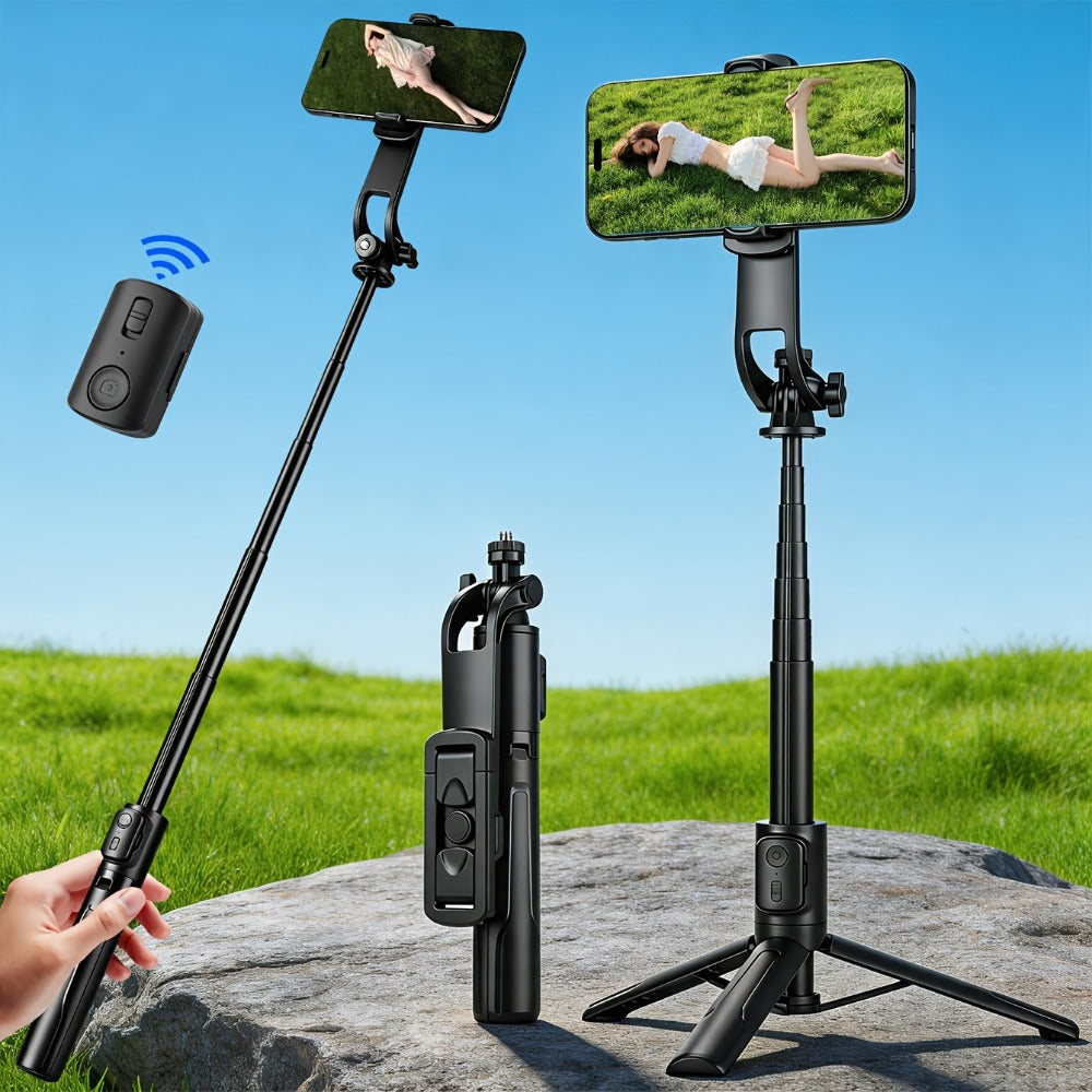 Black Selfie Stick Tripod with Telescoping Pole, Rotating Phone Clamp, Fold-Out Base and Remote