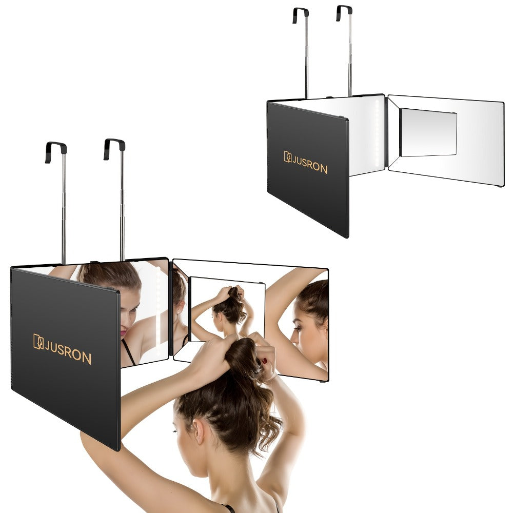 Three-Way Hair Cutting Mirror with Folding Panels, Adjustable Door Hooks and LED, Non-LED or Two-Pack Options