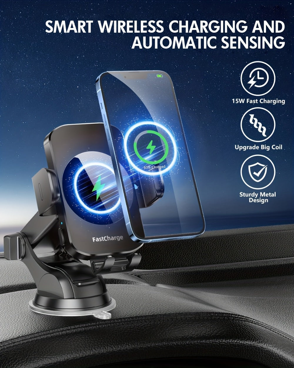 Brass-Tone Wireless Car Charger Mount with Side Clamps, Suction Base and Pictured Air-Vent Clip