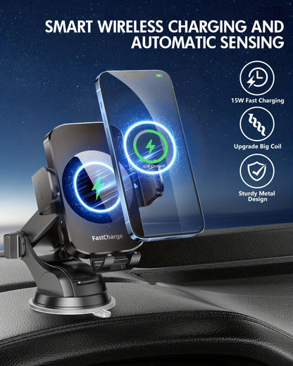 Brass-Tone Wireless Car Charger Mount with Side Clamps, Suction Base and Pictured Air-Vent Clip