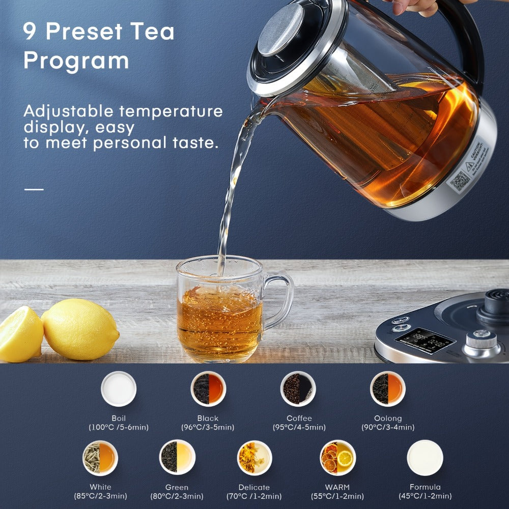 1.7L Glass Tea Kettle with 1200W Heating, Nine Temperature Presets, Removable Infuser and 2-Hour Keep Warm