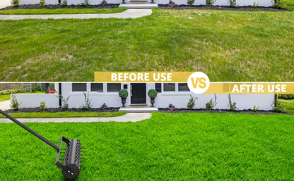 Seventeen-Inch Manual Lawn Punch Aerator with Long Black Handle and Visible Spiked Roller Design