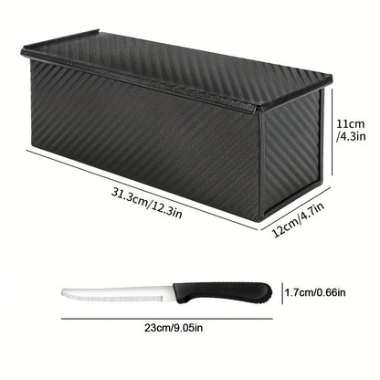Pullman Loaf Pan with Lid, Extra Large 12.3x4.7x4.3 Inch Sandwich Bread Pan with Vent Holes, Nonstick Carbon Steel Toast Pan with Bread Knife, Square Loaf Pan for Sandwich Bread, Black or Gold